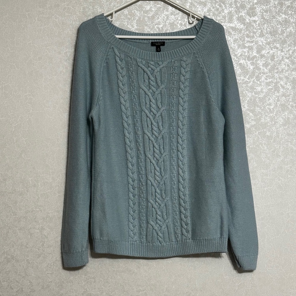 Talbots Light Blue Cable Knit Scoop Neck Sweater Angora Blend Cozy Casual Sz M